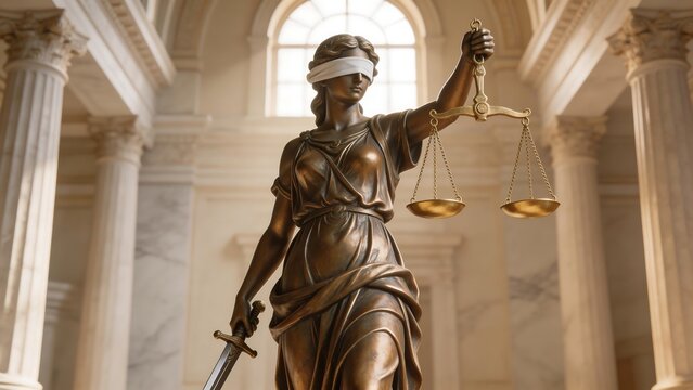 Bronze statue of justice in a hall