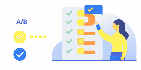 Woman interacting with a checklist featuring a b testing options © Mritun