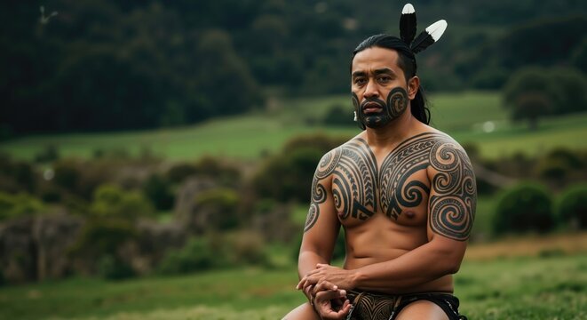 Portrait of Maori man with traditional Ta moko facial and body tattoos. Indigenous New Zealand warrior representing culture, strength, and heritage