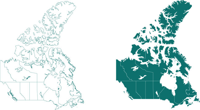 Professional vector maps of Canada featuring a solid teal silhouette and a detailed outline with province borders for geographic design projects.