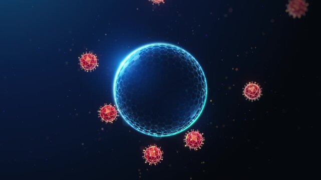 Virus Cells Bouncing Off a Spherical Protective Shield Barrier &ndash; Animation Loop. Concept of immune system defense, virus protection and disease prevention. Animated medical background with copy space.
