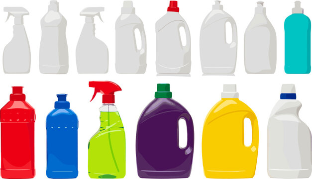 Cleaning Product Bottles Vector Set with Detergent, Spray, Liquid Soap Containers in Various Shapes and Colors for Household Packaging Design