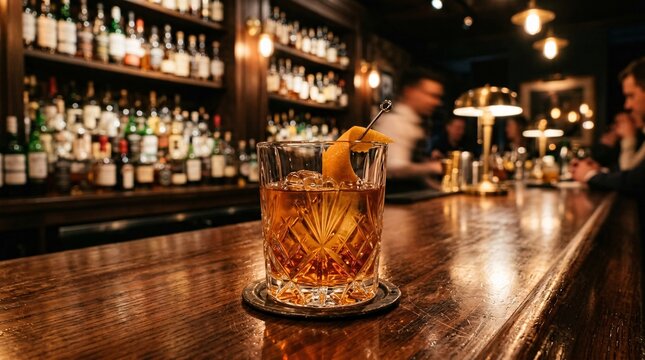 Crystal glass filled with an amber whiskey cocktail and an orange peel sitting on a polished wooden bar top in a dimly lit luxury bar.