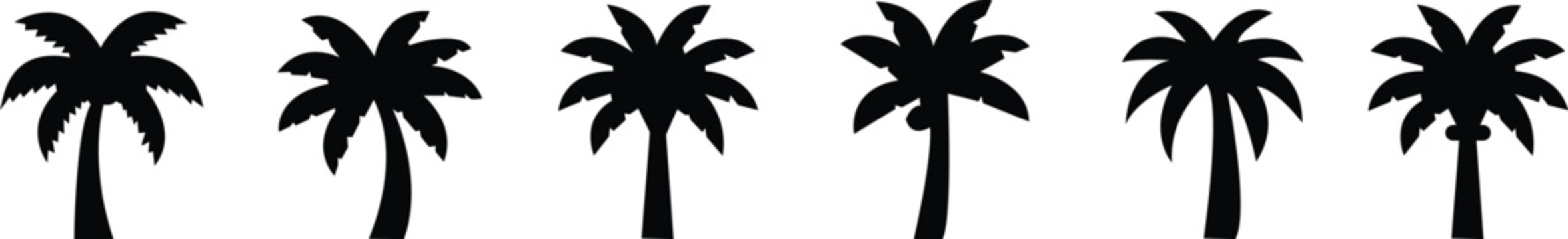 palm trees icon set, silhouettes Designs, nature, relaxation, peace, luxury, elegance concept. Perfect for summer designs, t-shirts, posters and coastal branding. banners and promotional items. Vector