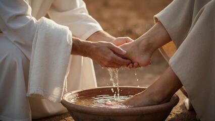 Man washing feet in clay basin. Biblical scene of humility and service. Close up of hands and water dripping into bowl. Religious ritual of foot washing