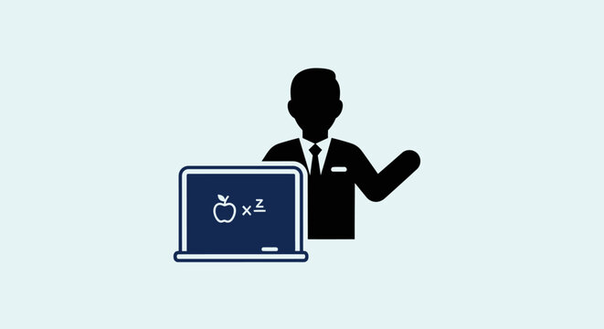 A Teacher Presenting Information with a Blackboard Featuring an Apple and Mathematical Symbols