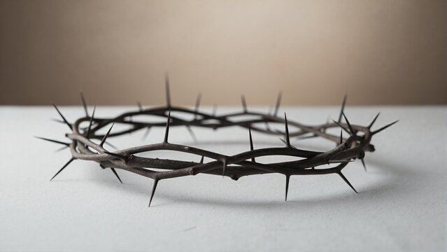Crown of thorns on white surface. Close up of religious symbol for Good Friday and Lent. Concept of sacrifice and suffering of Jesus Christ