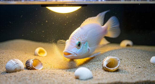 Snow white cichlid fish swimming in a decorated sandy aquarium tank