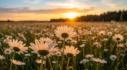 Obraz premium Delicate white daisy wildflowers blooming beautifully within a vast meadow during a breathtaking golden sunset with incredible macro detail.