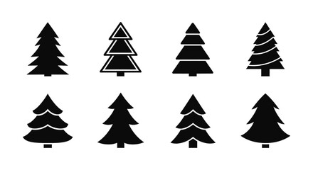 Obraz premium Set of eight black christmas tree vector icons