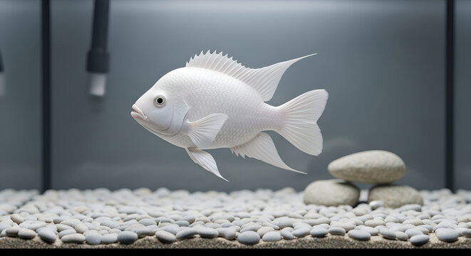 snow white cichlid fish swimming in a modern home aquarium