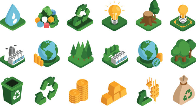 Isometric eco environment icon collection featuring forest, wildlife, renewable energy, pollution control and sustainability symbols in 4x6 grid layout vector illustration set