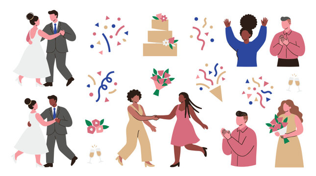 Diverse couples celebrating wedding and love with confetti and cake joyful moments