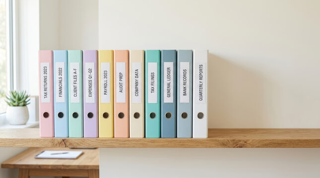 Colorful binder row on wooden office shelf storing document files for accounting tax and financial success creating peaceful feeling