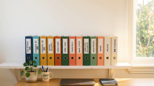 Colorful office binder shelf for accounting tax preparation brings confident success with tidy file folder storage near bright sunny window