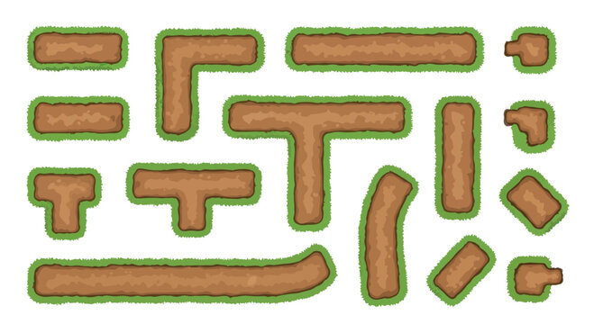 Top-down pixel art dirt path tileset, green grass and brown soil road construction kit, 14 modular game environment vector elements