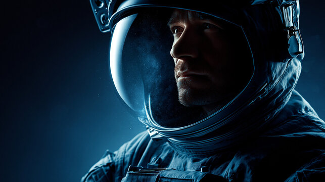 Cosmic Explorer's Gaze: A close-up portrait of an astronaut in a spacesuit, bathed in the ethereal glow, embodies the spirit of exploration and the boundless potential of human ambition.