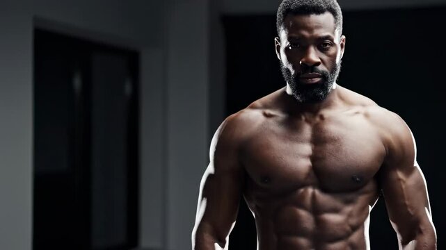 Muscular Male Fitness Model Posing in Dark Gym Setting