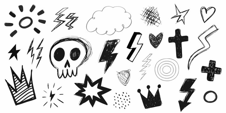 Collection of hand drawn doodles including skulls stars and lightning bolts