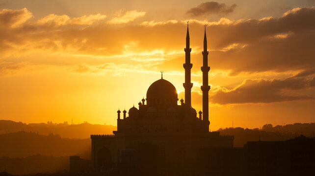 Silhouette of a grand mosque with minarets against a golden sunset sky