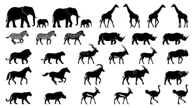 African animal icons set featuring giraffes elephants lions rhinoceroses antelopes wildebeests hippopotamuses wildlife silhouettes safari nature symbols