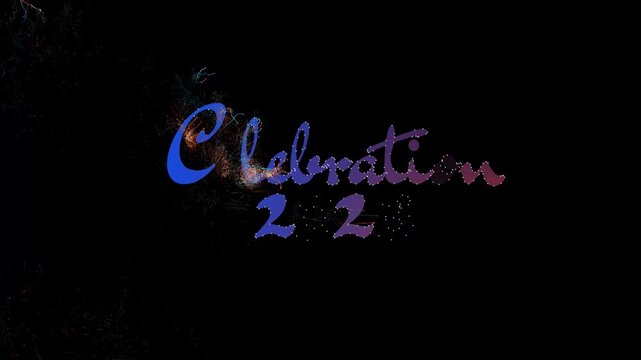 2026 celebration text animation with blue purple gradient and festive fireworks on black background