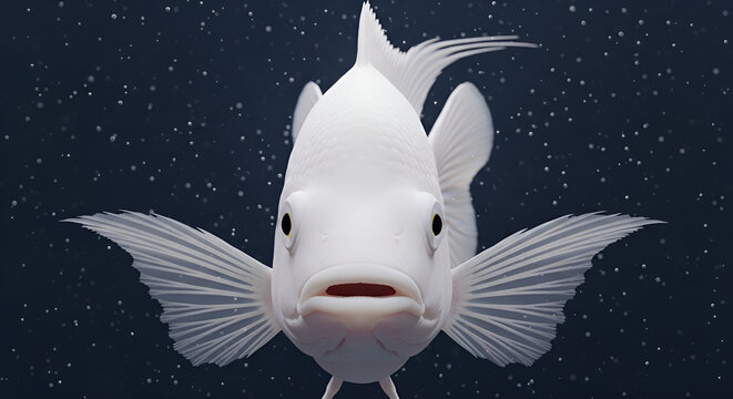 Snow White Cichlid Fish swimming in a dark aquarium with bubbles