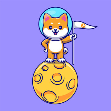 Cute Shiba Inu Dog Astronaut Holding Bone Flag On Moon 
Cartoon 