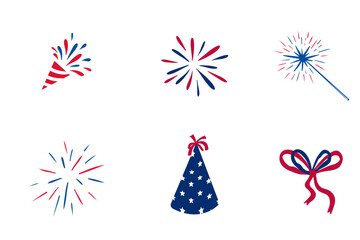 Naklejka premium 4 of July Elements icon set American flag colors. Celebration holiday icons for decoration. Bow, fireworks, flag Clipart. American Independence Day 