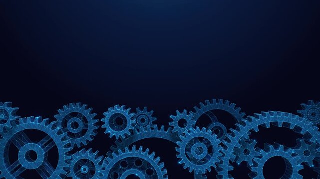 Rotating Mechanical Gears Animation Background with Copy Space. Industrial technology seamless loop on a blue background with moving low poly gears positioned in the bottom third of the frame.