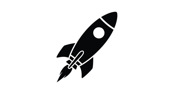 Simple black rocket ship illustration with flames and a circular window