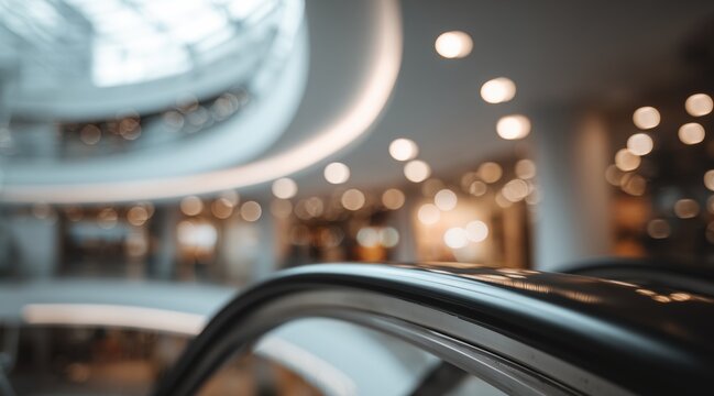 Modern shopping mall interior with blurred escalator handrail and bokeh lights
