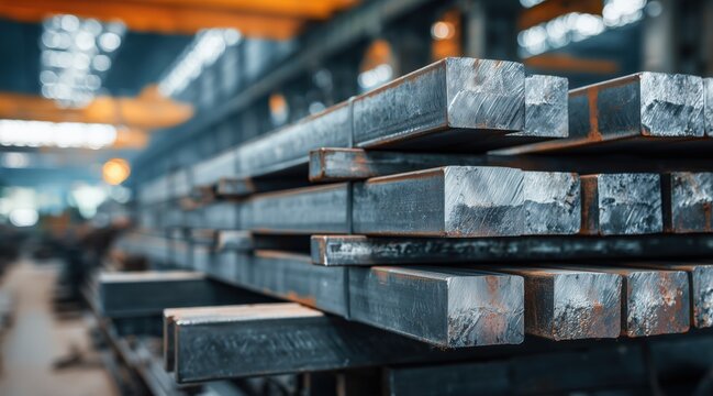 Stacked square steel billets in industrial warehouse