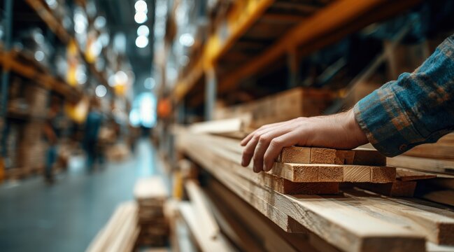 Man hand resting on stack of wooden planks in warehouse