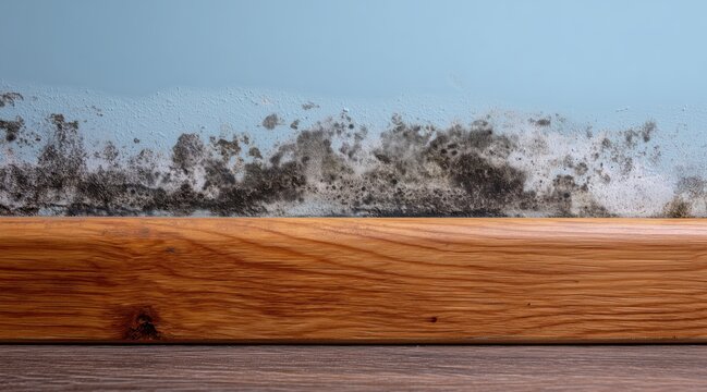 Black mold on blue wall above wooden baseboard
