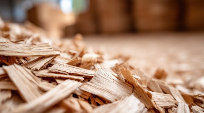 Close up of wood chips in sawmill with bokeh background
