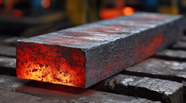 Red hot glowing rectangular metal billet in steel mill