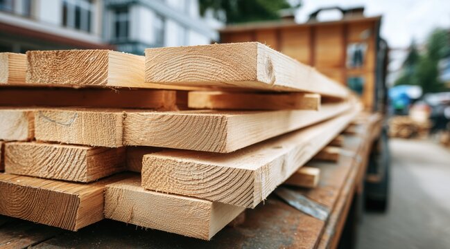 Stacked wooden planks on flatbed trailer at construction site