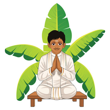 South Indian man in traditional white mundu and veshti sitting in namaste pose with banana leaves, Kerala Onam or Vishu festival vector illustration
