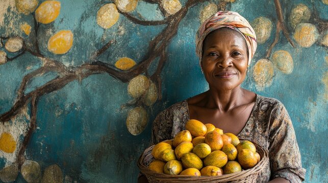 South African woman with basket of marula fruit .