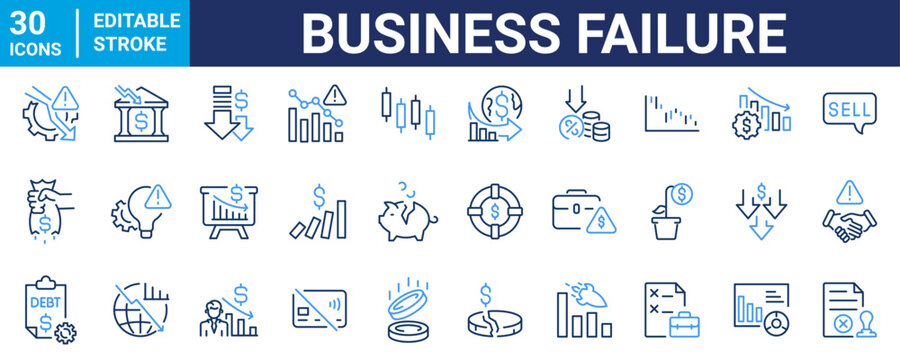 Set of 30 outline icons related to Business failure. Linear icon collection. Editable stroke. Vector illustration