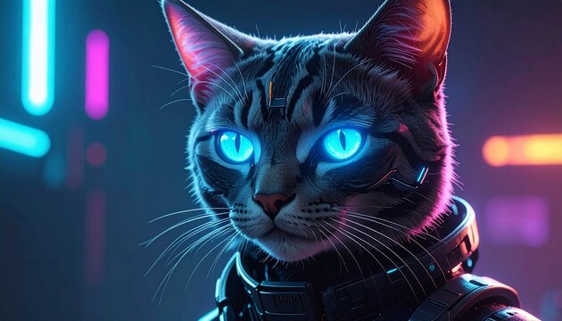 Close-up of cyberpunk cat with glowing red eyes and futuristic headset