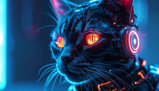 Close-up of cyberpunk cat with glowing red eyes and futuristic headset
