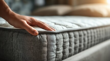 Naklejka premium Close up of hand touching textured grey mattress corner in bedroom