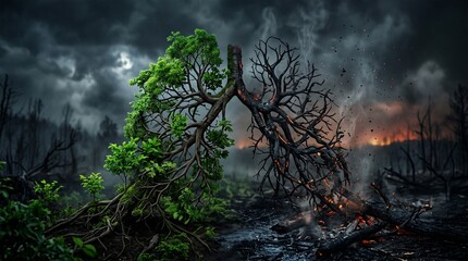 Fototapeta premium Human lungs made of tree branches, half green half burned, climate change concept, dark background, emotional impact