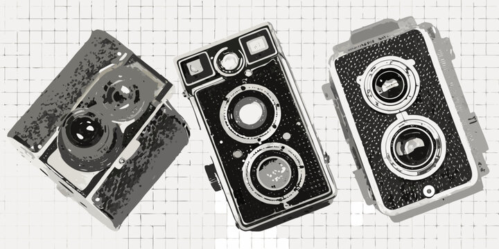 Three vintage twin lens reflex cameras displayed against a tiled background