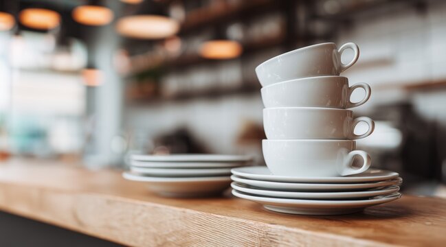White ceramic cups and saucers stacked on wooden counter in coffee shop interior