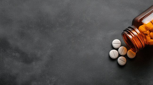 White medicine tablets spilled from brown glass bottle on dark grey surface
