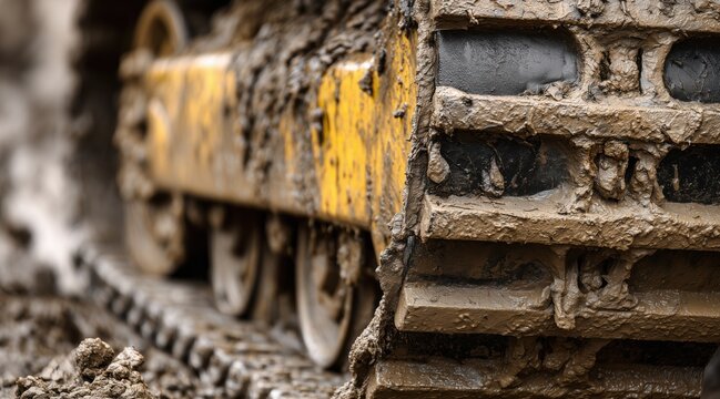 Muddy metal crawler tracks on yellow industrial machinery