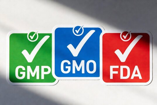 Three colored badges with checkmarks labeled GMP, GMO, and FDA are displayed against a white background.